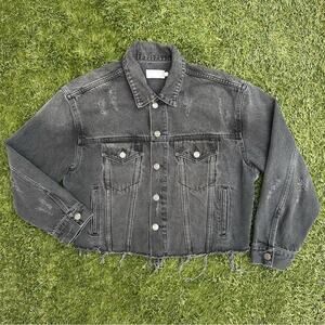 Boyish Jeans The Harvey Distressed Denim Jacket Cropped Raw Hem Trucker Jacket S